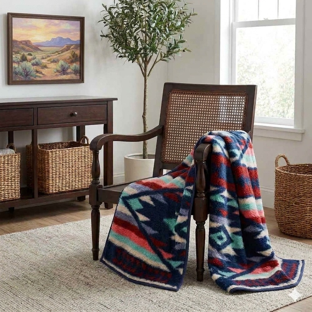Vintage 90s Biederlack Southwestern Aztec Fleece Throw Blanket 57" x 75"